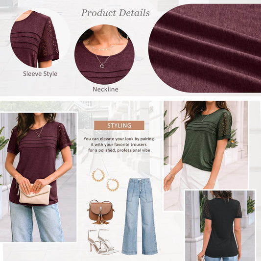 Blouses for Women Short Sleeve Lace Tops Dressy Casual Tees, Sizes S-2XL