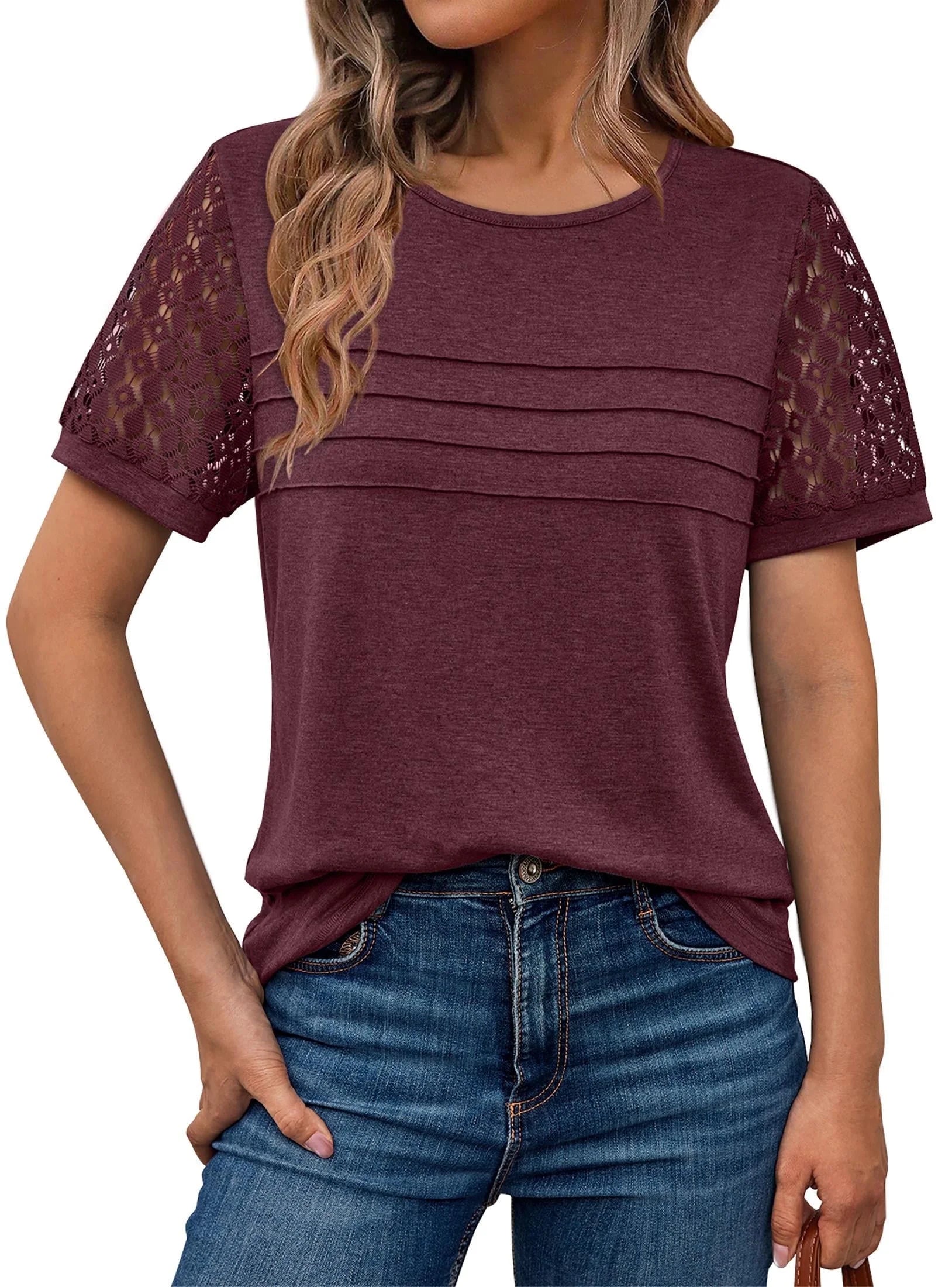 Blouses for Women Short Sleeve Lace Tops Dressy Casual Tees, Sizes S-2XL